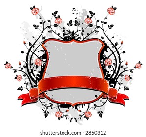 Grey shield , red ribbon and red roses