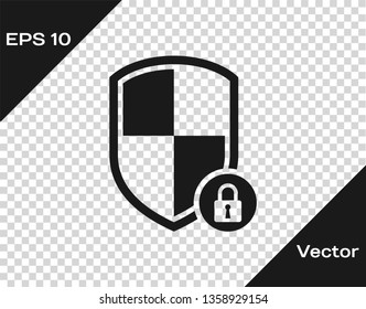 Grey Shield security with lock icon isolated on transparent background. Protection, safety, password security. Firewall access privacy sign. Vector Illustration
