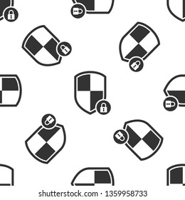 Grey Shield security with lock icon isolated seamless pattern on white background. Protection, safety, password security. Firewall access privacy sign. Vector Illustration