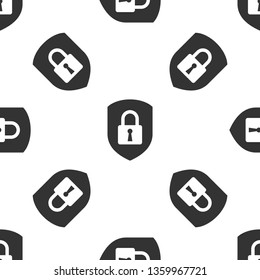 Grey Shield security with lock icon isolated seamless pattern on white background. Protection, safety, password security. Firewall access privacy sign. Vector Illustration