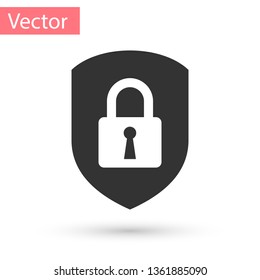 Grey Shield security with lock icon isolated on white background. Protection, safety, password security. Firewall access privacy sign. Vector Illustration