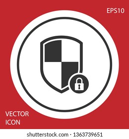 Grey Shield security with lock icon isolated on red background. Protection, safety, password security. Firewall access privacy sign. White circle button. Vector Illustration