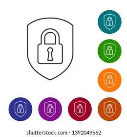 Grey Shield security with lock line icon on white background. Protection, safety, password security. Firewall access privacy sign. Set icon in color circle buttons. Vector Illustration