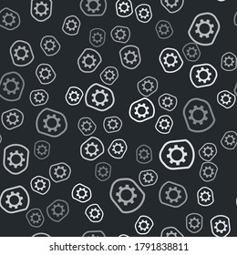 Grey Shield with settings gear icon isolated seamless pattern on black background. Adjusting, service, maintenance, repair, fixing.  Vector Illustration