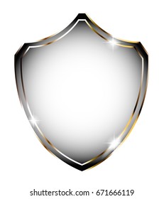 Grey shield shaped background with a gold frame, with space for your text. Vector illustration.