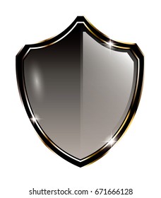 Grey shield shaped background with a gold frame, with space for your text. Vector illustration.