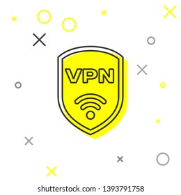 Grey Shield with VPN and wifi wireless internet network symbol line icon isolated on white background. VPN protect safety concept. Vector Illustration