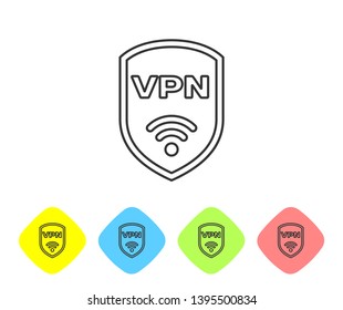 Grey Shield with VPN and wifi wireless internet network symbol line icon isolated on white background. VPN protect safety concept. Set icon in color rhombus buttons. Vector Illustration