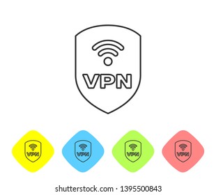 Grey Shield with VPN and wifi wireless internet network symbol line icon isolated on white background. VPN protect safety concept. Set icon in color rhombus buttons. Vector Illustration