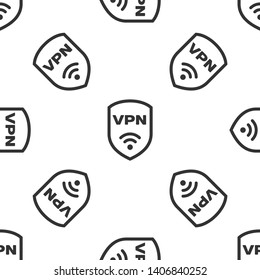 Grey Shield with VPN and wifi wireless internet network symbol icon isolated seamless pattern on white background. VPN protect safety concept. Vector Illustration