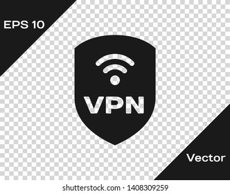 Grey Shield with VPN and wifi wireless internet network symbol icon isolated on transparent background. VPN protect safety concept. Vector Illustration