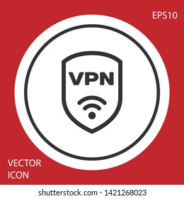 Grey Shield with VPN and wifi wireless internet network symbol icon isolated on red background. VPN protect safety concept. White circle button. Vector Illustration