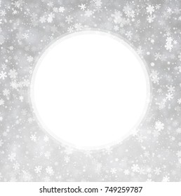Brillante gris alrededor del fondo invernal con un patrón de copos de nieve. Ilustración vectorial.