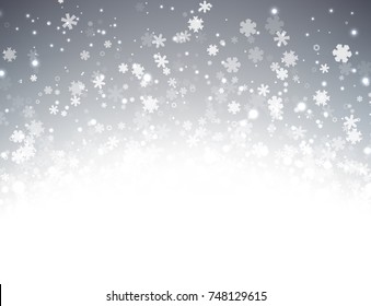 Grauer, glänzender Winterhintergrund mit Schneeflocken. Vektorgrafik.