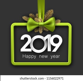 Grey shiny 2019 happy New Year background with green 3d frame and satin ribbon with beautiful bow. Christmas greeting card. Vector illustration.
