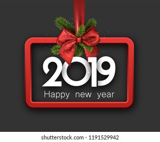 Grey shiny 2019 happy New Year background with red 3d frame and satin ribbon with beautiful bow. Christmas greeting card. Vector illustration.



