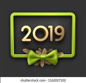 Grey shiny 2019 New Year background with green 3d frame, fir branches  and beautiful satin bow. Christmas greeting card. Vector illustration.
