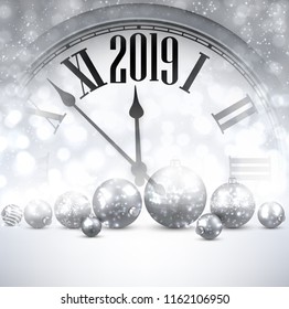 Grey shiny 2019 New Year background with clock, silver Christmas balls and snowflakes. Beautiful Christmas greeting card. Vector illustration.
