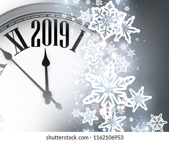 Grey shiny 2019 New Year background with silver clock and snowflakes. Beautiful Christmas greeting card. Vector illustration.