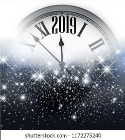 Grey shiny 2019 New Year background with silver clock. Beautiful Christmas greeting card. Vector illustration.
