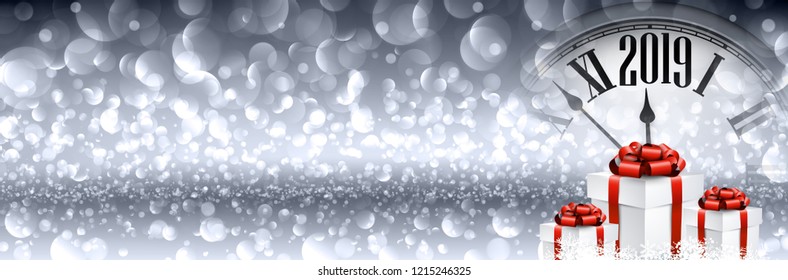 Grey shiny 2019 New Year banner with clock and gifts. Bokeh effect. Vector background.
