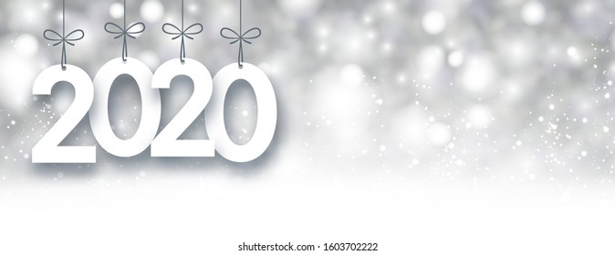 Grey shiny 2020 New Year banner. Bokeh effect. Vector background.
