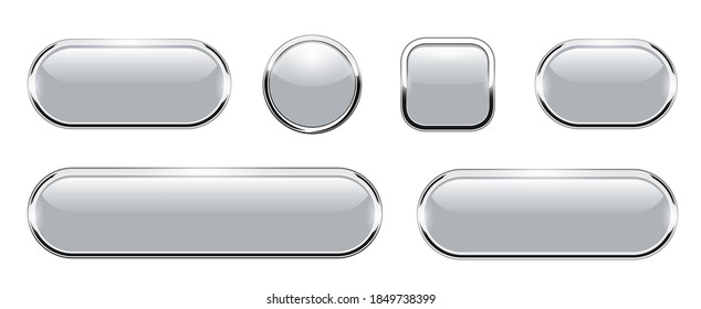 Grey shiny buttons set, glossy isolated icons with metallic chrome elements, vector illustration.