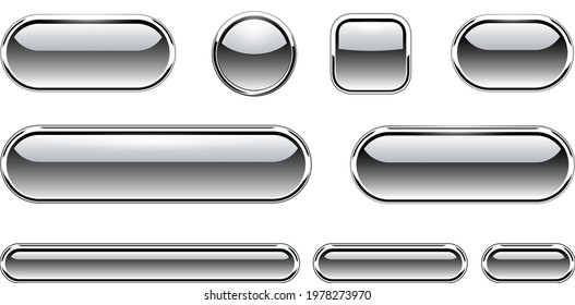 Grey shiny buttons set, glossy isolated icons with metallic chrome elements, vector illustration.