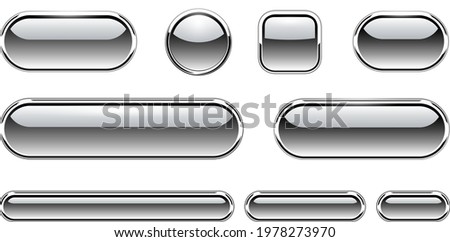 Grey shiny buttons set, glossy isolated icons with metallic chrome elements, vector illustration.