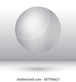 Grey shiny glossy ball with shadow in studio background, vector illustration