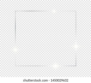 Grey shiny glowing frame with shadows isolated on transparent background. Black and white vintage realistic rectangle border. illustration - Vector 