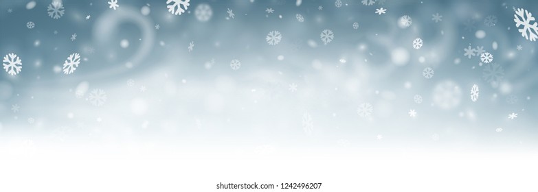 Grey shiny winter banner with snowflakes, wind and blizzard. Vector background.