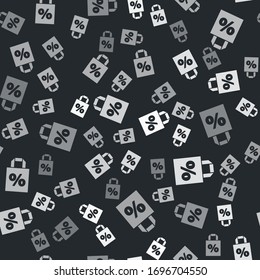 Grey Shoping bag with an inscription percent discount icon isolated seamless pattern on black background. Handbag sign. Vector Illustration