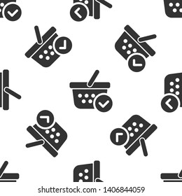 Grey Shopping basket with check mark icon isolated seamless pattern on white background. Supermarket basket with approved, confirm, done, tick, completed symbol. Vector Illustration