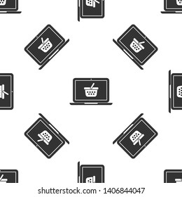 Grey Shopping basket on screen laptop icon isolated seamless pattern on white background. Concept e-commerce, e-business, online business marketing. Vector Illustration