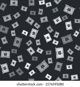 Grey Shopping basket on screen laptop icon isolated seamless pattern on black background. Concept e-commerce, e-business, online business marketing.  Vector Illustration