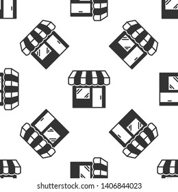 Grey Shopping building or market store icon isolated seamless pattern on white background. Shop construction. Vector Illustration