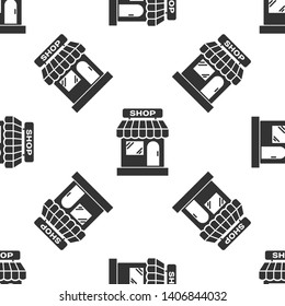 Grey Shopping building or market store icon isolated seamless pattern on white background. Shop construction. Vector Illustration