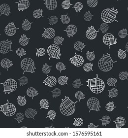 Grey Shopping cart with globe icon isolated seamless pattern on black background. Online buying concept. Global market concept. Supermarket basket symbol.  Vector Illustration