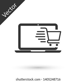 Grey Shopping cart on screen laptop icon isolated on white background. Concept e-commerce, e-business, online business marketing. Vector Illustration