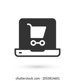 Grey Shopping cart on screen laptop icon isolated on white background. Concept e-commerce, e-business, online business marketing.  Vector