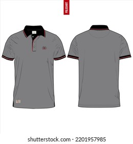 Grey short sleeve t-shirt with Black and striped White-Red collar , Front, and back view on White background.