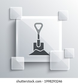 Grey Shovel in the ground icon isolated on grey background. Gardening tool. Tool for horticulture, agriculture, farming. Square glass panels. Vector Illustration
