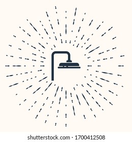 Grey Shower head with water drops flowing icon isolated on beige background. Abstract circle random dots. Vector Illustration