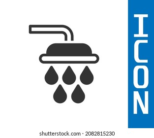 Grauer Duschkopf mit Wassertropfen, fließend Symbol einzeln auf weißem Hintergrund.  Vektorgrafik