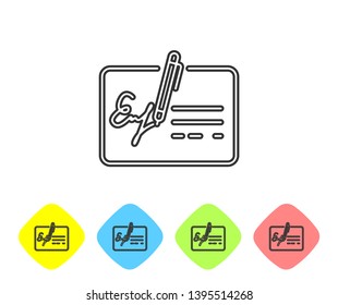 Grey Signed document line icon isolated on white background. Pen signing a contract with signature. Edit document sign. Set icon in color rhombus buttons. Vector Illustration