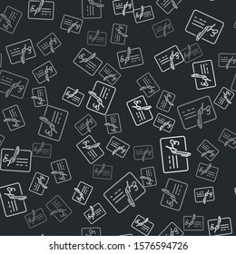 Grey Signed document line icon isolated seamless pattern on black background. Pen signing a contract with signature. Edit document sign.  Vector Illustration