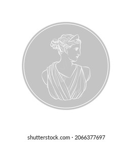 Grey silhouette of the Diana of Versailles (bust) in grey circle. Marble statue of the Roman goddess Diana. Vector illustration.