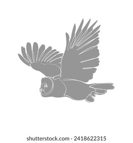 Grey silhouette of the flying great grey owl on white background. Graphic drawing. Vector illustration.