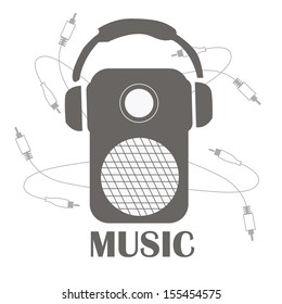 grey silhouette of a headphone and a speaker with alphabets in a white background